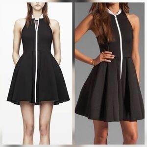 ALEXANDER WANG Black Neoprene Zip Front Pleated Skirt Tennis Dress White Trim